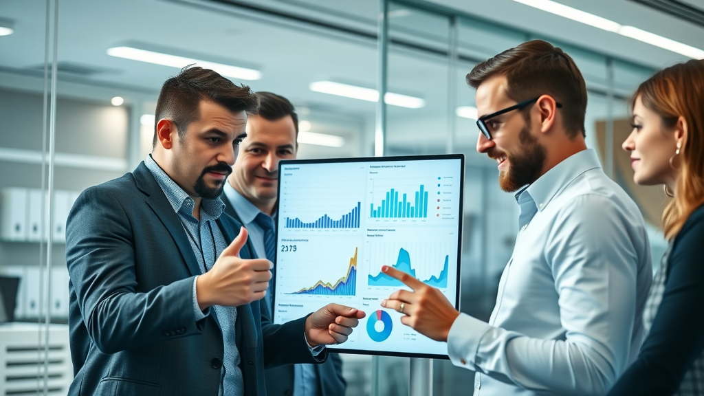 dynamic business team analyzing digital marketing data with charts and KPIs in a modern office, marketing analytics, digital marketing