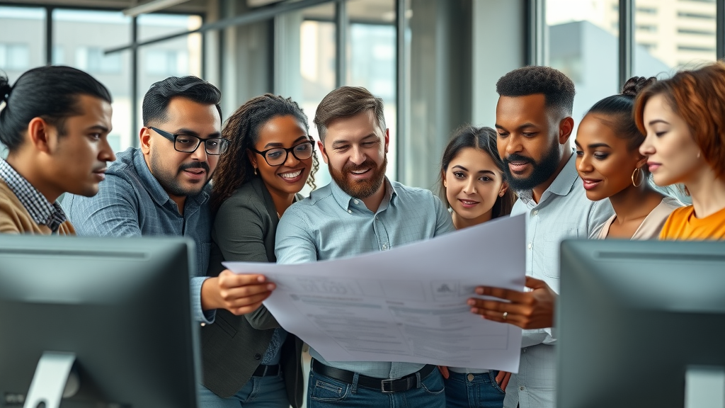 Diverse small business owners collaborating over a digital marketing plan in a modern, light-filled office