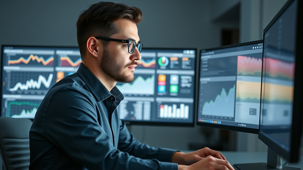 Professional digital marketer analyzing multichannel attribution models on illuminated analytic dashboards.
