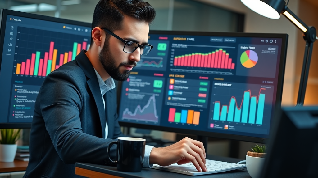 business professional customizing digital dashboard template, interactive marketing dashboard, dashboard templates