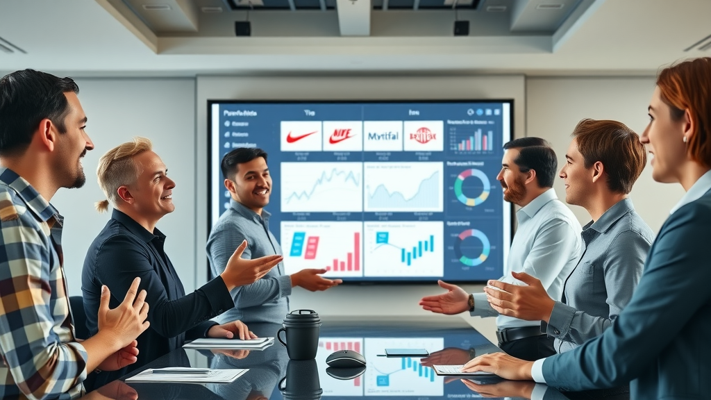 Marketing professionals analyzing brand awareness statistics for content marketing strategy on digital display