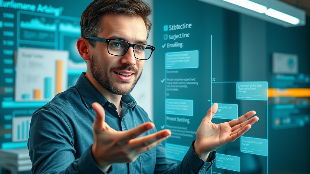 Analytical marketer comparing creative subject line options with email marketing best practices, futuristic workspace