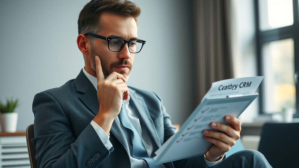 Thoughtful business manager assessing CRM tool selection criteria with a checklist in a private office.