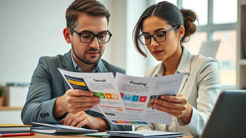 Business professionals comparing email and mail marketing campaigns for small business