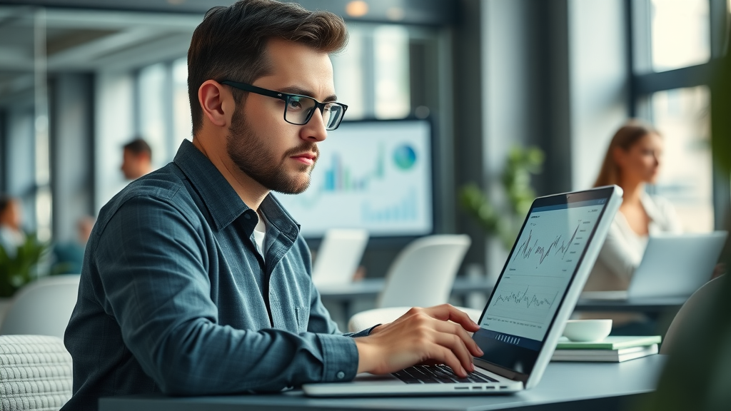 marketing data visualization professional reviewing animated campaign graphs