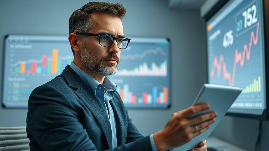 analytical business strategist reviewing sentiment analysis charts for brand reputation monitoring analytics