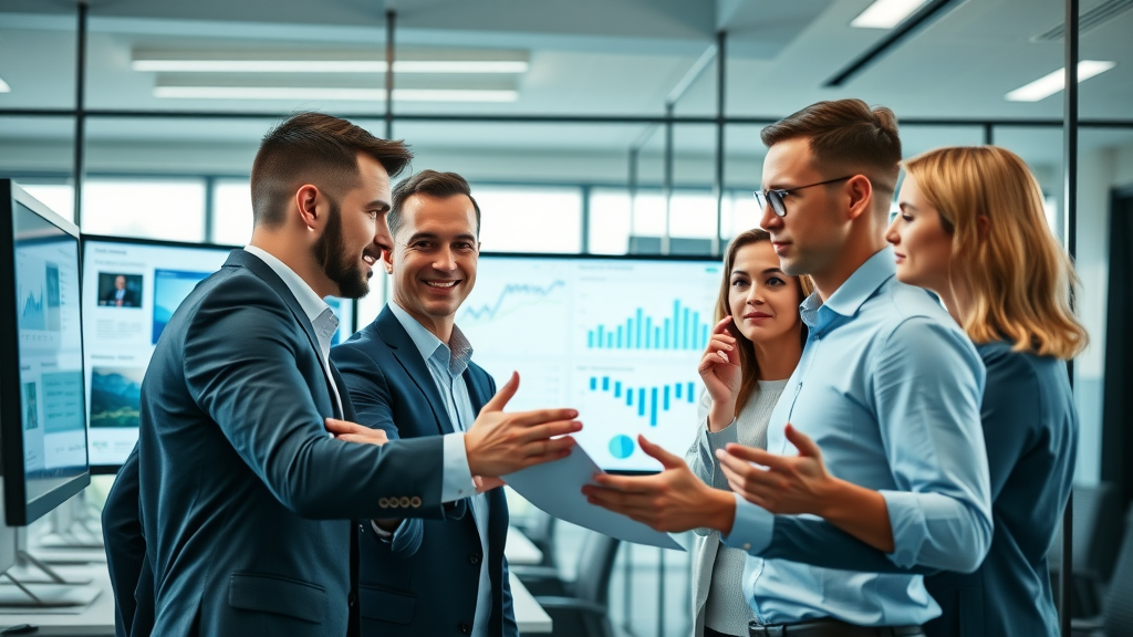 crm software benefits team reviewing CRM dashboards in modern office