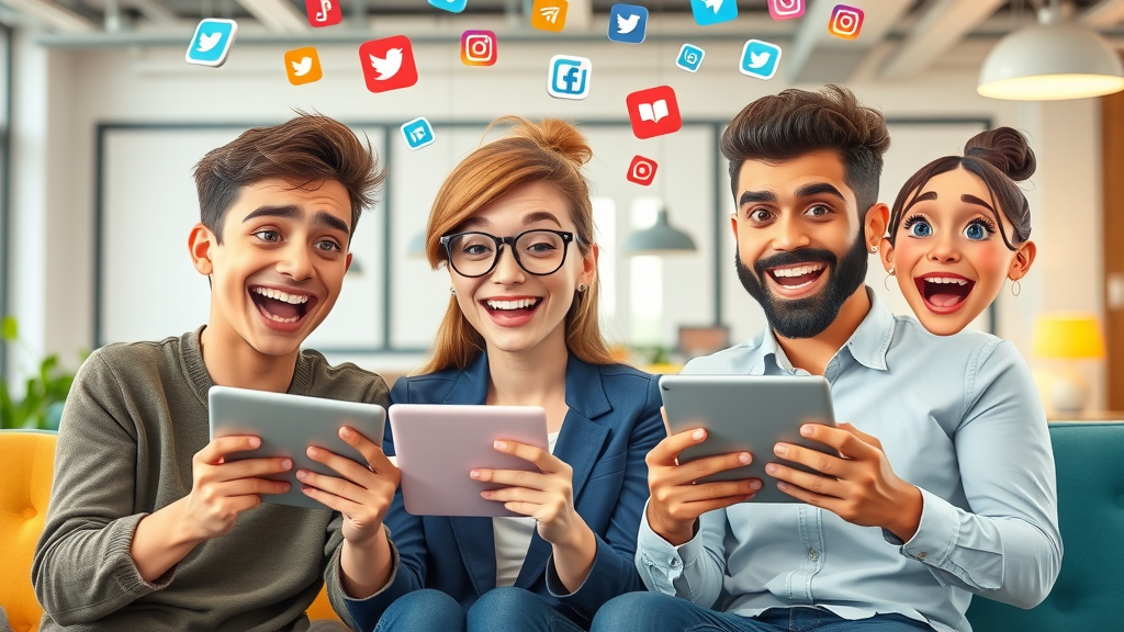 social media marketing metrics, cheerful marketers reviewing social analytics on tablets