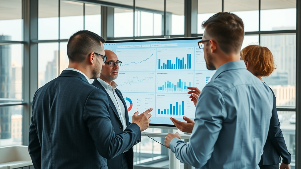 Executives reviewing customer relationship management tools analytics dashboard in a modern office. Photorealistic, collaborative CRM software discussion.