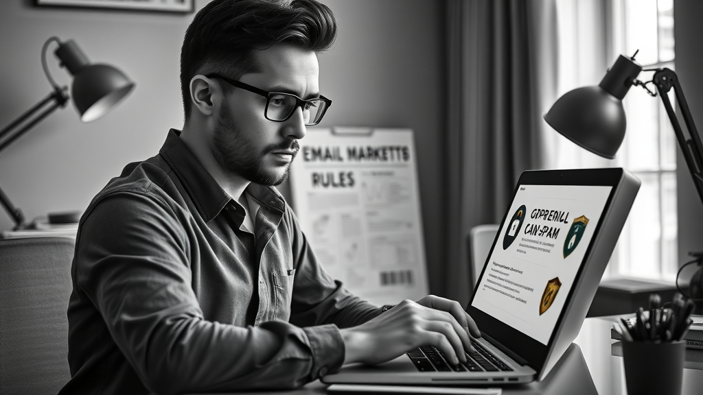 Marketer checking email marketing compliance and deliverability on laptop with animated GDPR and CAN-SPAM icons