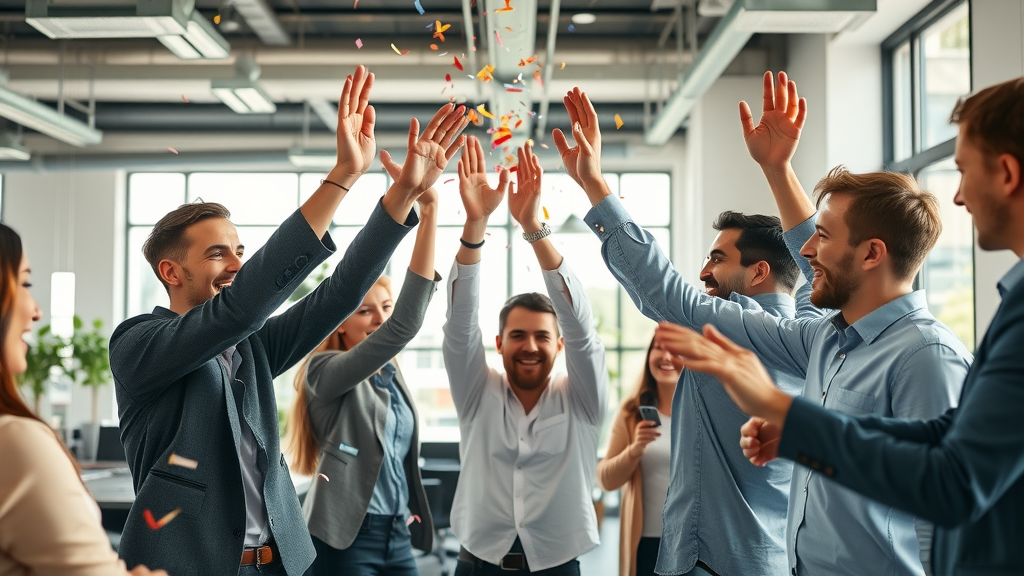 group of marketers celebrating acquisition success marketing customer acquisition strategies open office confetti