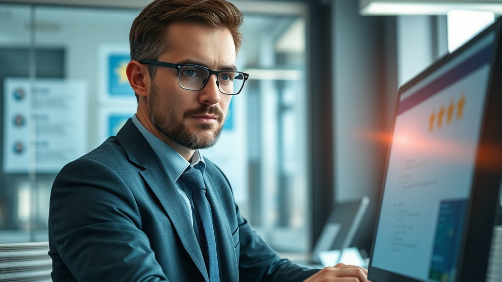 confident business professional analyzing online reviews on a computer screen - managing negative reviews - modern office - customer review graphics