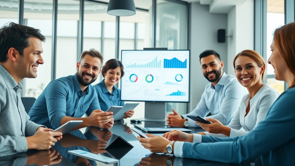 engaged marketing team using digital dashboards and analytics for digital reputation building in a modern, naturally-lit conference room