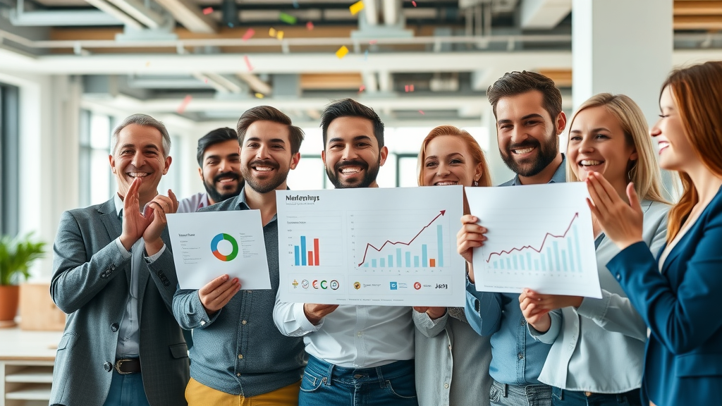Brand reputation online success case: a team celebrates positive analytics and upward trends in an open workspace