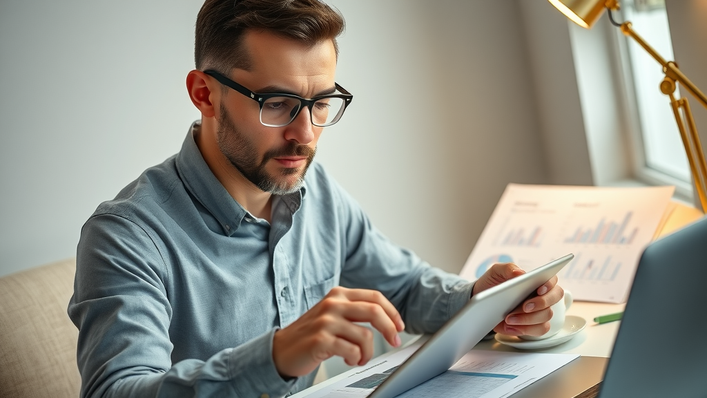 Entrepreneur organizing digital marketing expenses on tablet with financial planning charts in a bright office