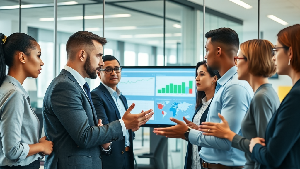 crm integration for marketing in a professional office environment, diverse team collaborating on a digital dashboard, modern workspace with glass walls and tech screens, business attire, vibrant colors