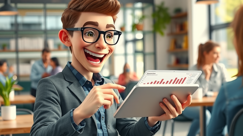 Energetic marketing professional reviewing social media analytics on tablet with graphs in a vibrant café