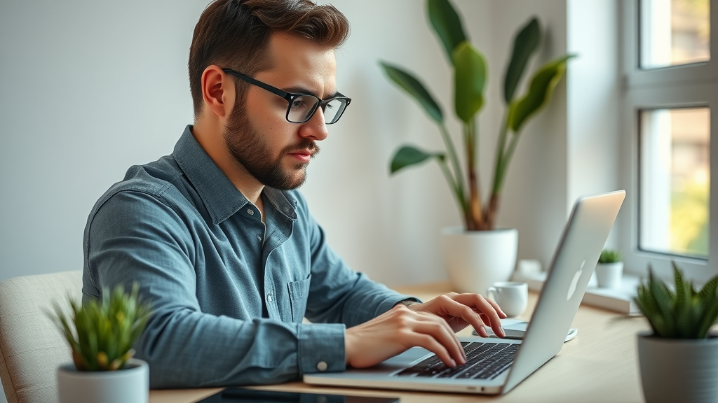Marketer adjusting social media profile settings on a laptop for lead generation in a bright workspace.