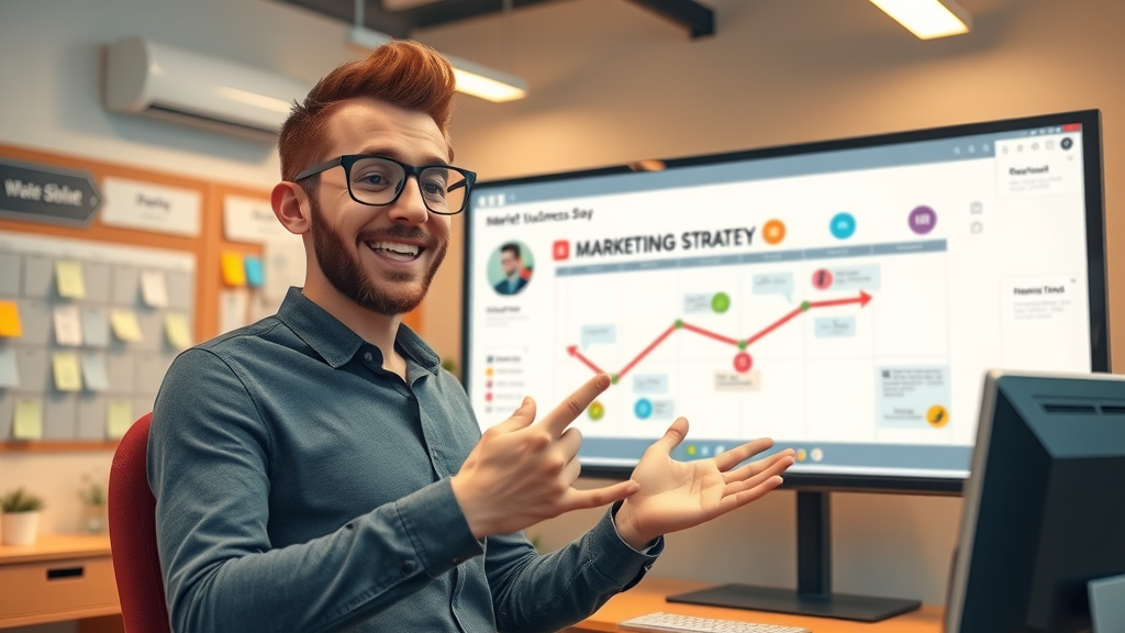 optimistic small business owner reviewing marketing strategy roadmap, marketing plan for small businesses
