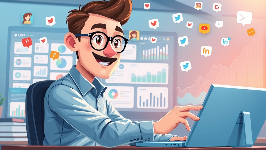 Social media manager monitoring real-time customer interactions via crm dashboard, digital workspace with floating social icons.