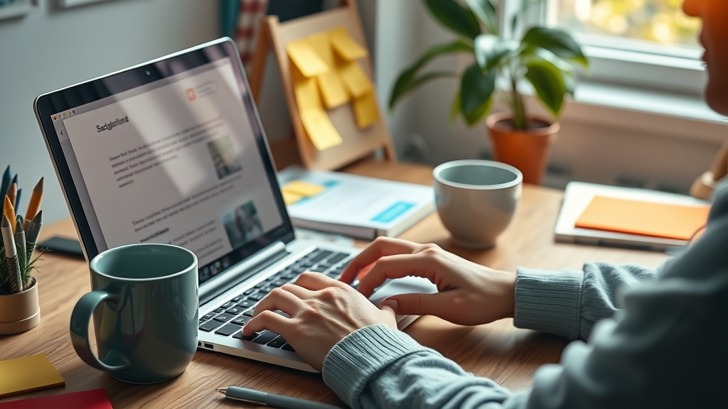 Marketer brainstorming catchy subject lines for an email marketing campaign at a vibrant desk