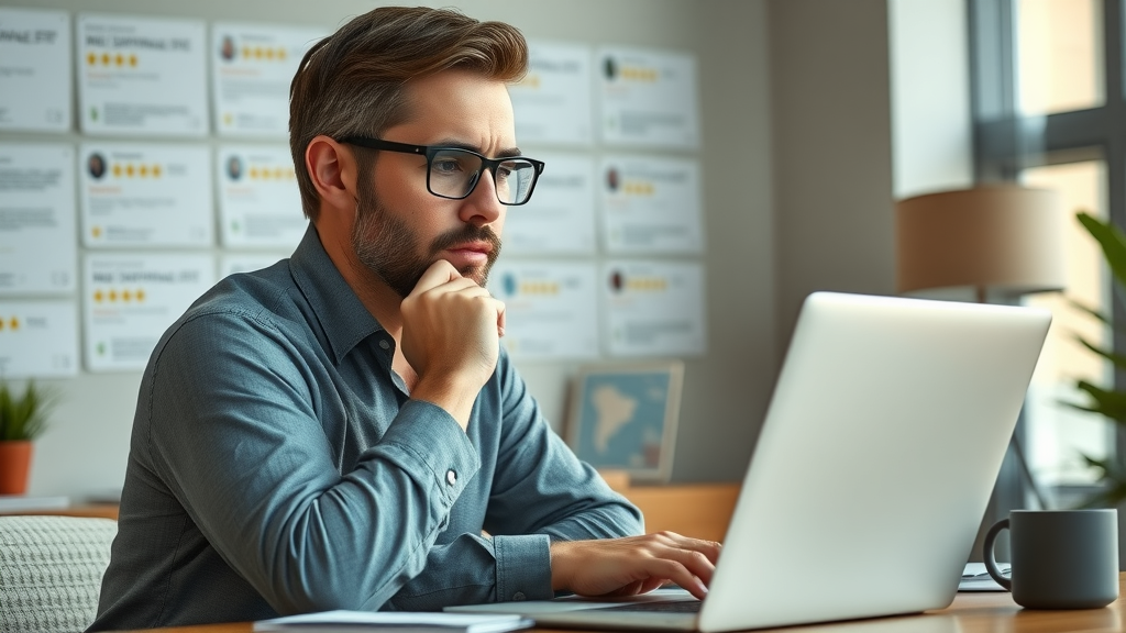 Business owner researching brand reputation online by reading reviews and social media reactions on a laptop