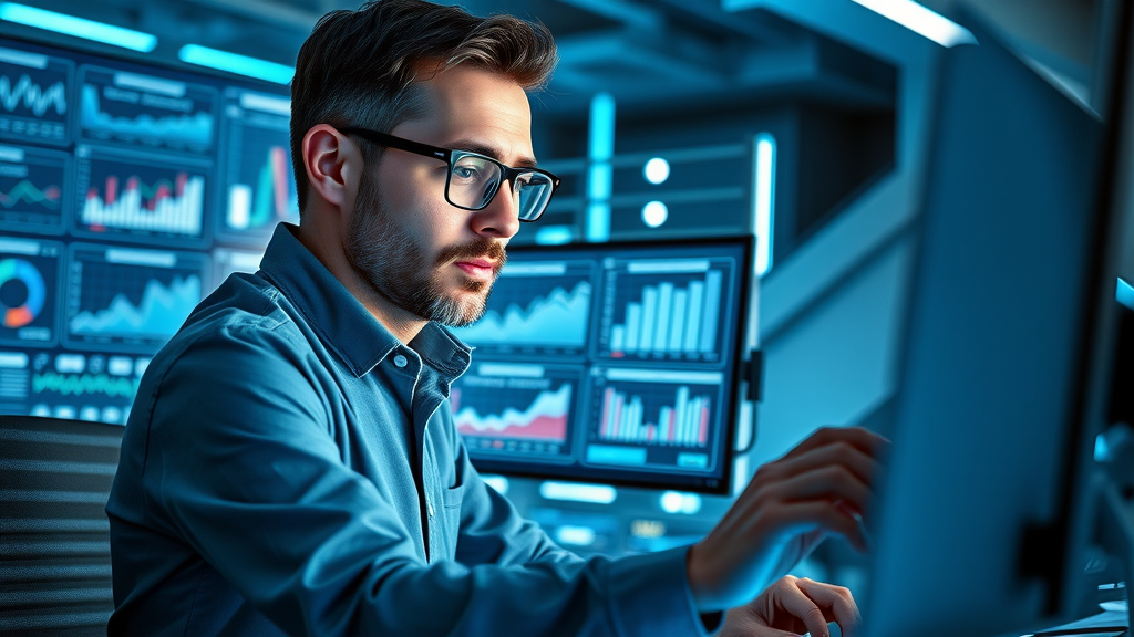 SEO specialist optimizing a small business website on dual monitors with futuristic workspace and digital analytics