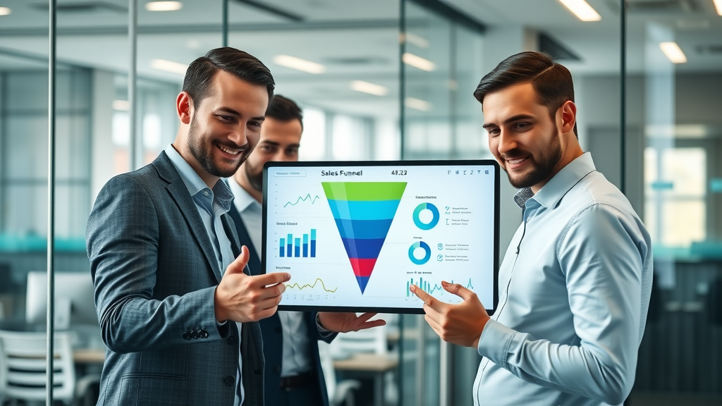dynamic sales funnel diagram, sales funnel optimization, business professionals analyzing data, collaborative funnel optimization teamwork, digital dashboard