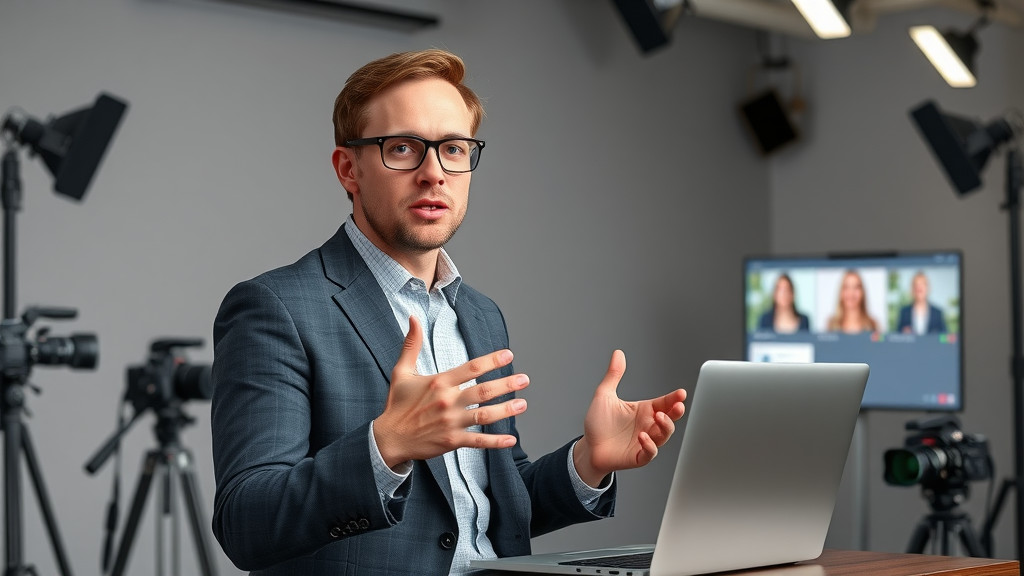 Professional host delivers a live social media webinar for high-quality lead generation in a modern studio.