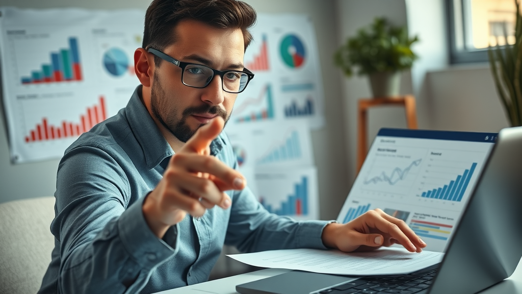 marketing kpis modern infographic layered charts and analyst pointing at data