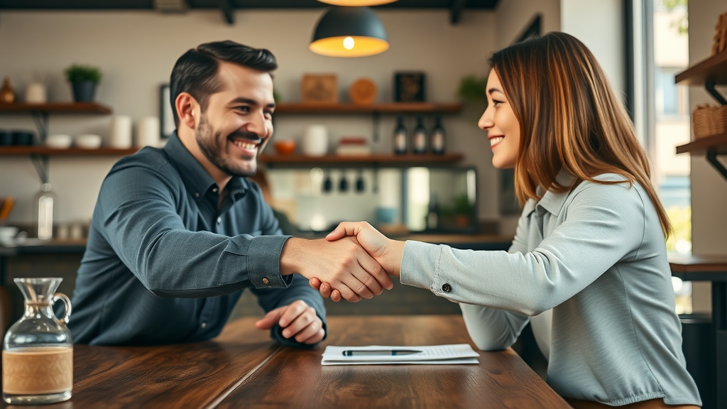 business owner and customer handshake after a review response - customer loyalty building