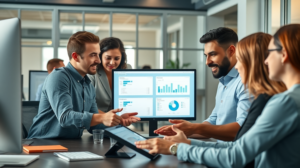 crm software for small businesses, diverse team in a modern office with CRM dashboards on screens