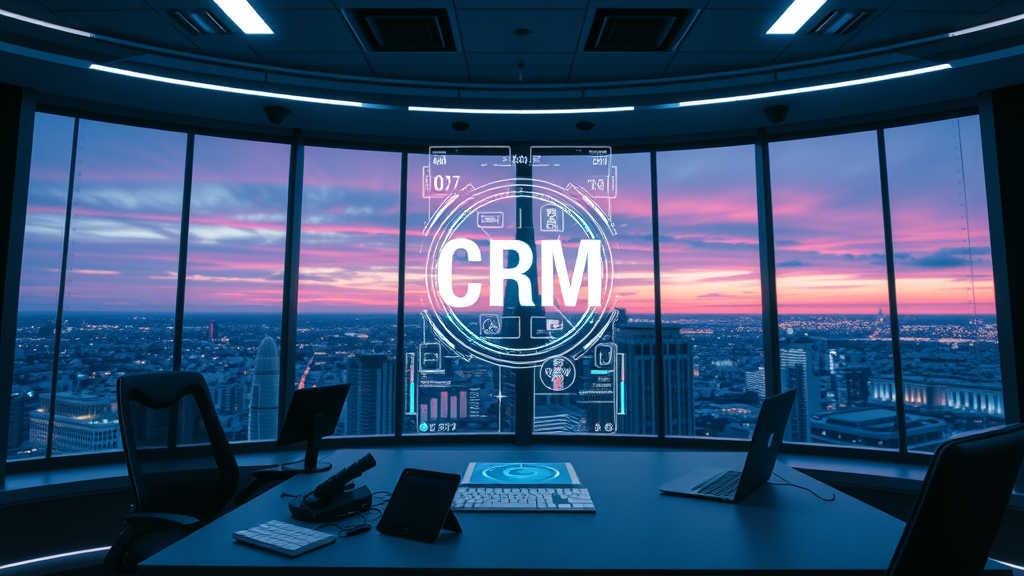 Futuristic workspace displaying AI-driven customer relationship management tool with holographic interface.