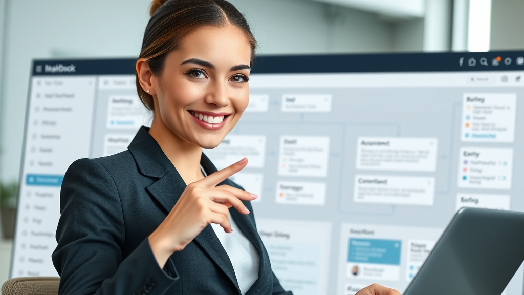 businesswoman building automation workflow in marketing dashboard