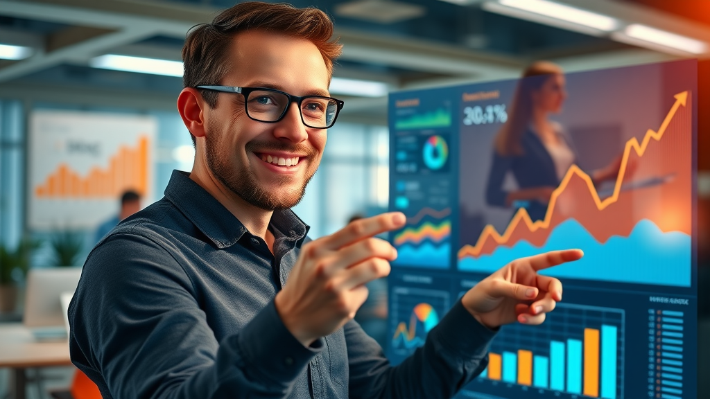 Analyst celebrating successful marketing metrics on dashboard with positive team atmosphere in open office using automation tool analytics