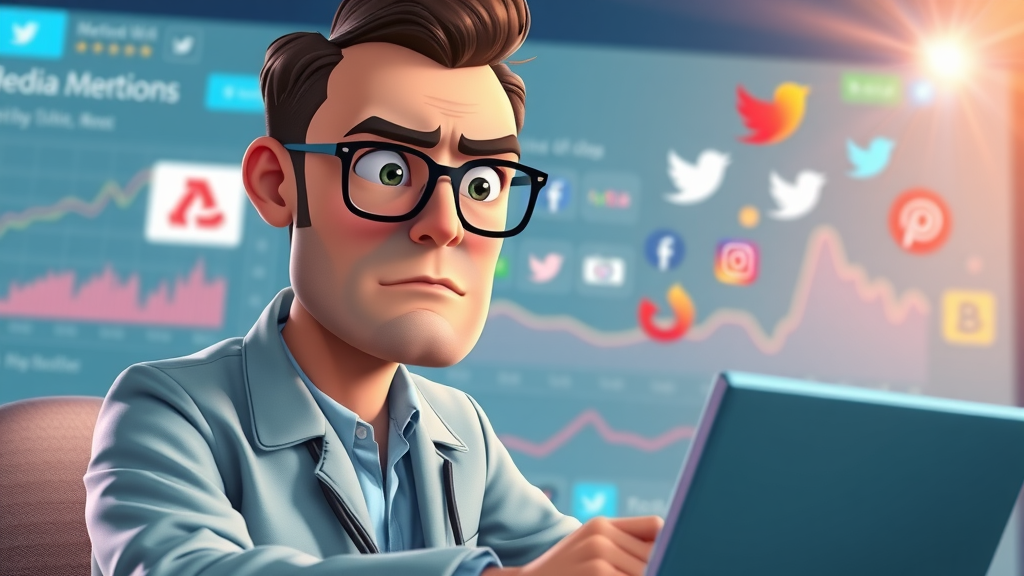 Social media analyst tracking brand reputation online by monitoring digital mentions and trends on screen