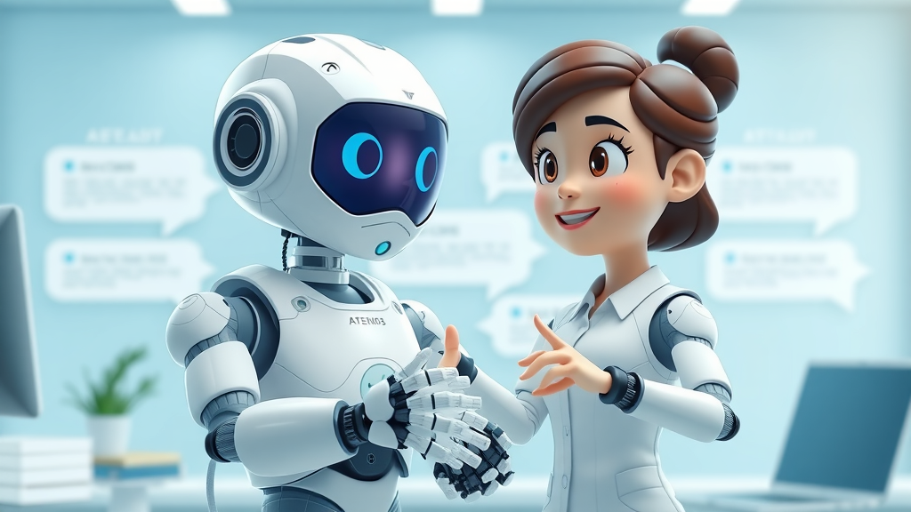 automated chat system for crm integration, CRM-powered chatbot assisting customer avatar in a 3D cartoon digital workspace