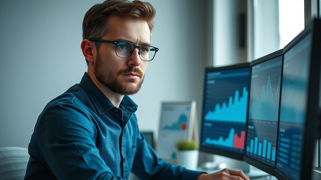 digital marketing metric, focused marketer analyzing website conversion graphs on dual monitors