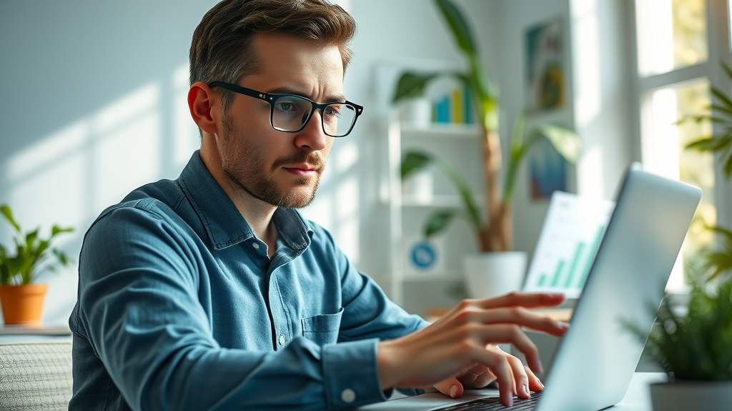 analytical marketing professional studying brand sentiment graphs on a laptop for online reputation management