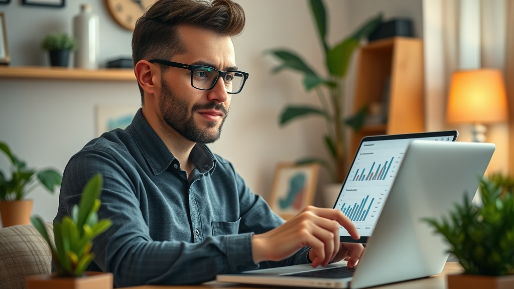 entrepreneur analyzing automated sales funnel performance, reviewing data charts