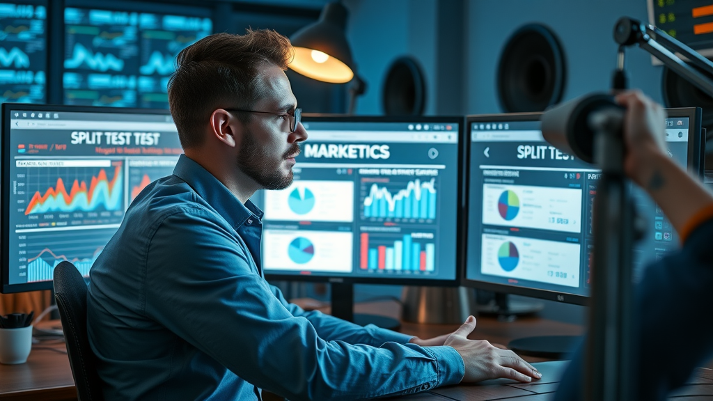 marketing analyst conducting A/B test acquisition strategy improvements dual monitors split test metrics