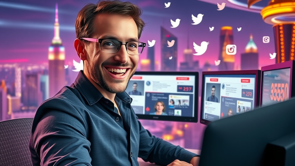 social media analyst monitoring brand mentions on multiple screens in a futuristic digital environment, reputation monitoring tools in action
