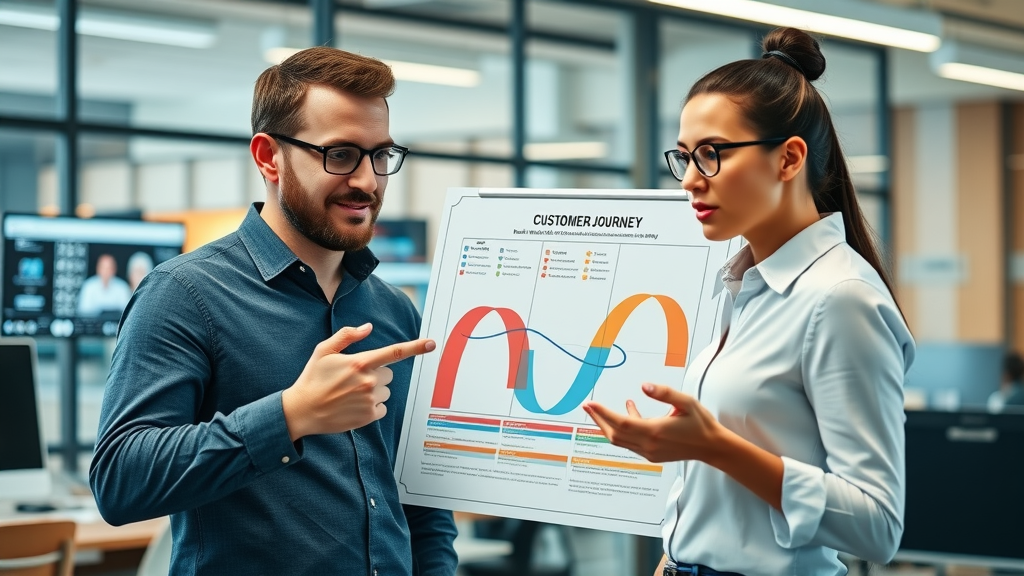 engaged professionals mapping customer journey for marketing customer acquisition strategies journey map digital screens