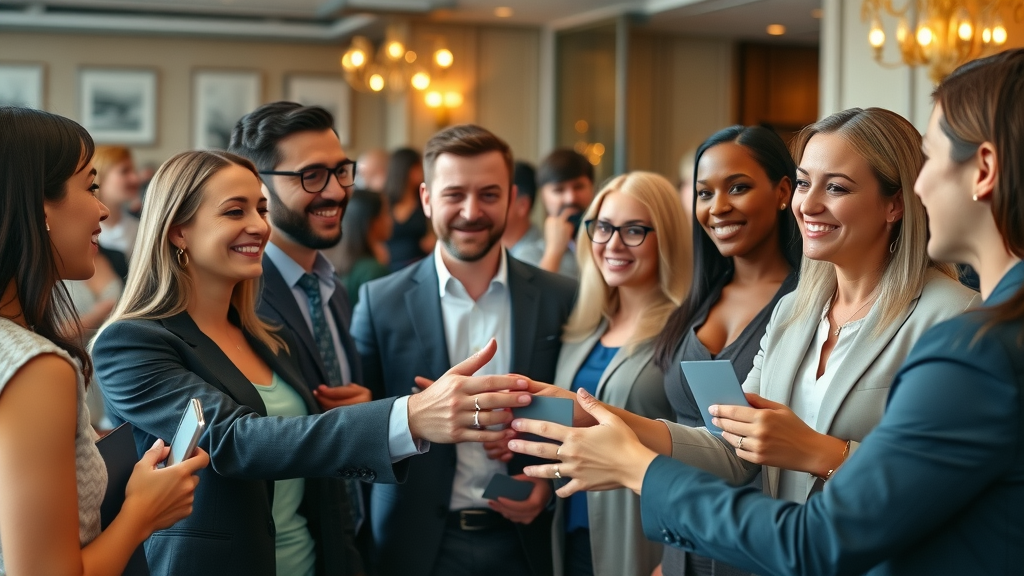 customer retention and acquisition - diverse group of professionals exchanging business cards