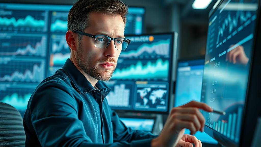 search engine optimization expert reviewing analytics for digital reputation in a high-tech workspace with digital dashboards