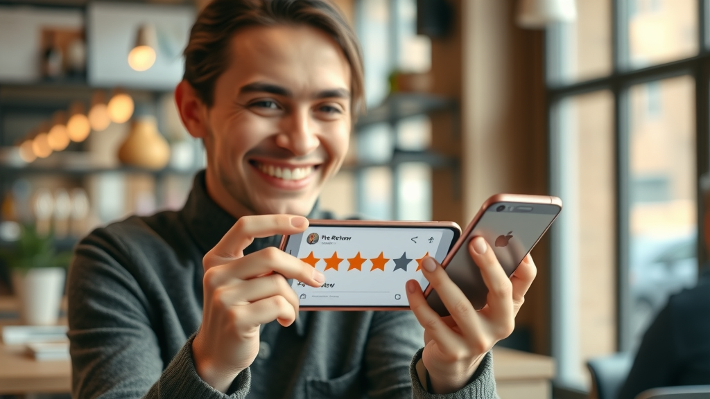 happy customer submitting positive review - managing negative reviews - five-star rating - smartphone