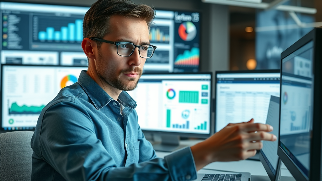crm software comparison for small business - person analyzing CRM features across multiple screens, high-tech workspace, digital interface overlays, product icons visible