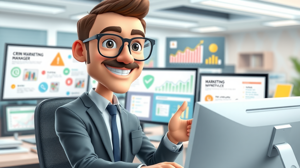 marketing manager integrating CRM, marketing, and reputation monitoring management tools on computer