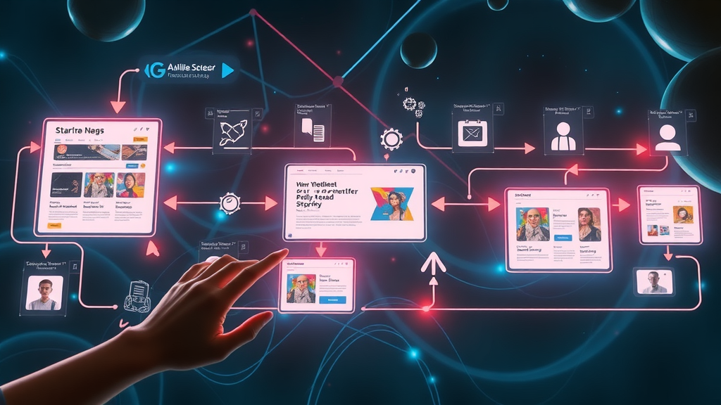 website traffic metrics, animated flowchart depicting user journey and page views on a modern website