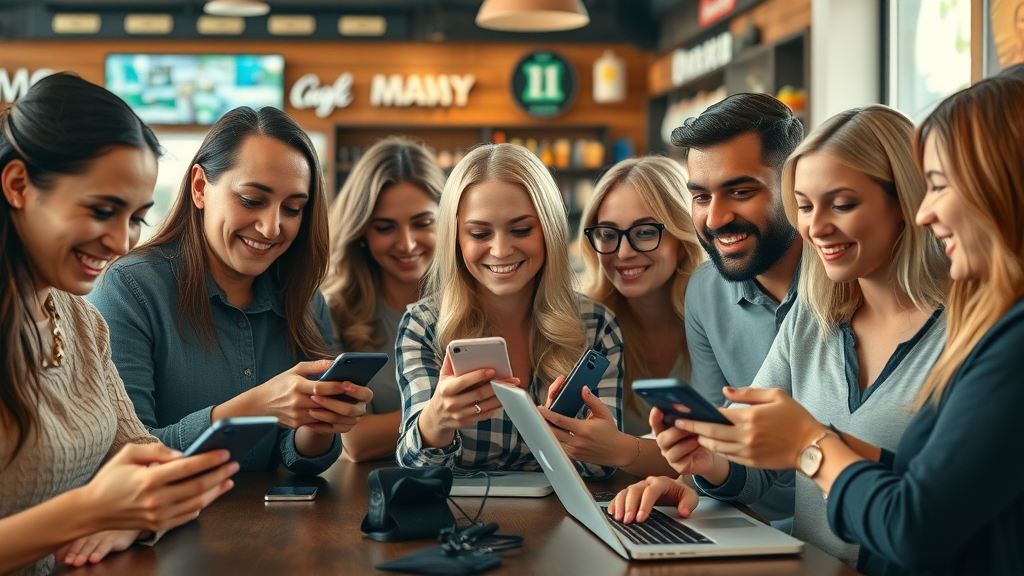 Diverse group of customers interacting with brands on smartphones and laptops for digital customer acquisition